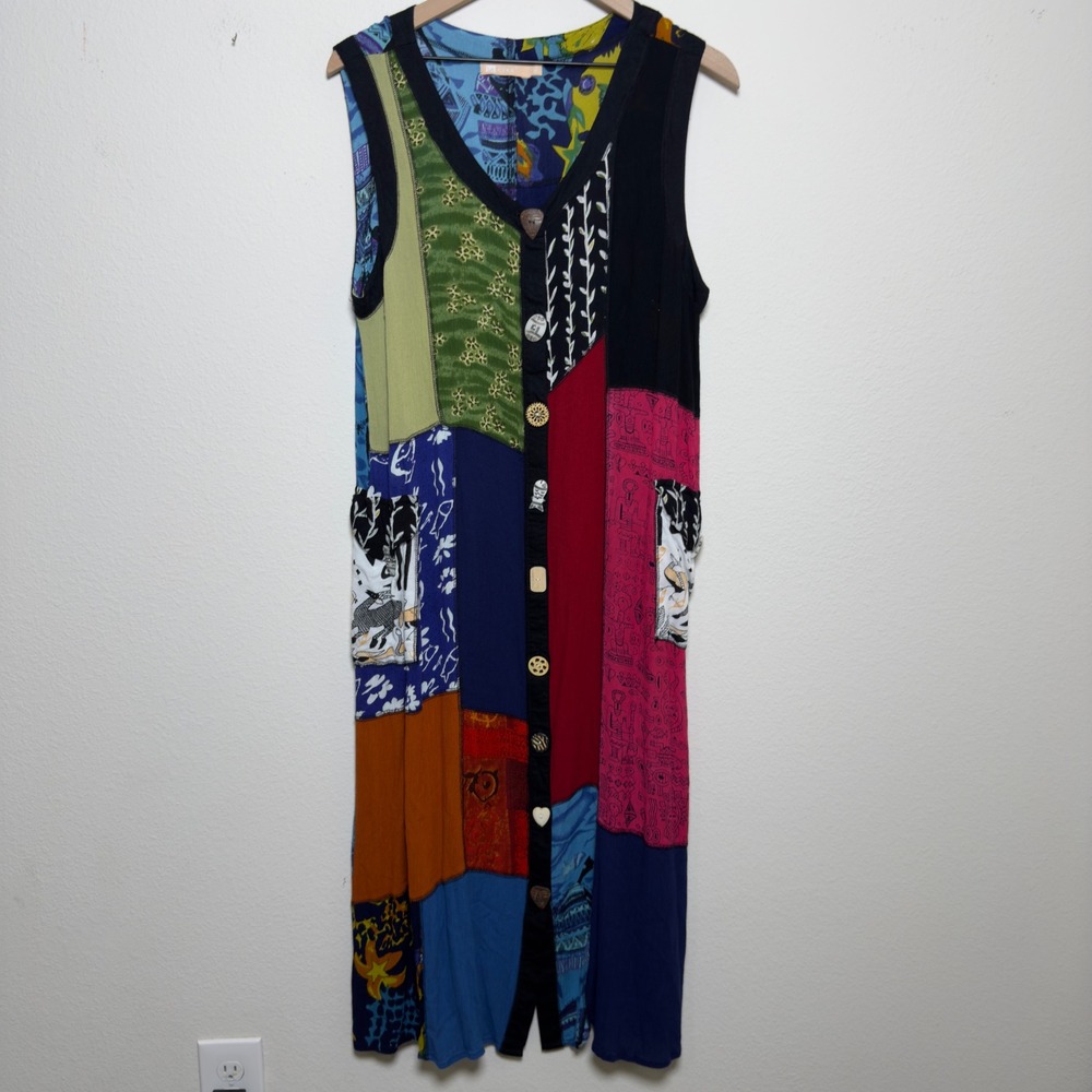 La Cera Women Maxi Dress XL Multicolor Patchwork Novelty Button Sleeveless